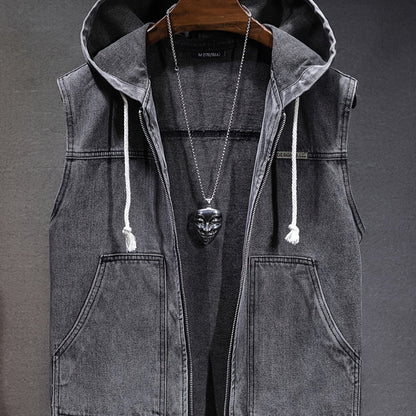 Jeansweste mit Kapuze Grau Unisex ärmellos Reißverschluss