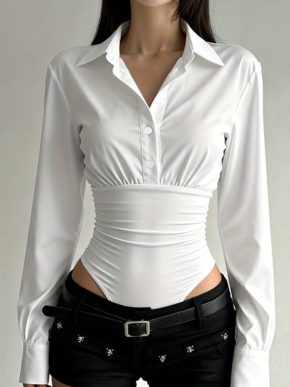 Damen Body Bluse Langarm Hemdblusen-Stil mit geraffter Taille