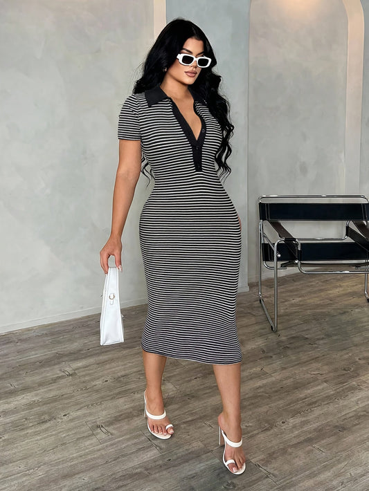 Damen Bodycon Polo-Stil Midi-Kleid mit Streifen – Elegantes Freizeitkleid für Stadt und Anlass