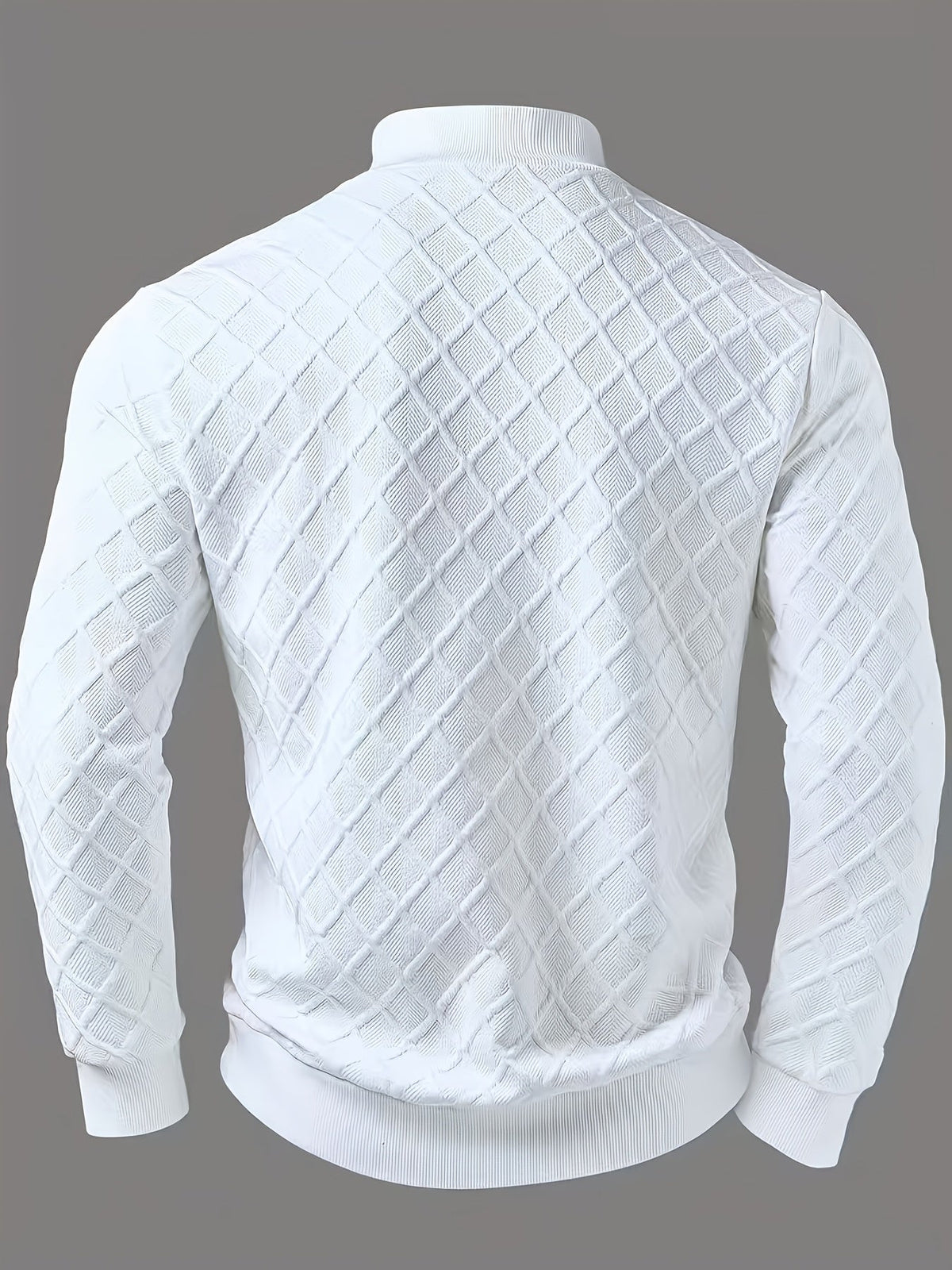 Herren Pullover Weiß mit Stehkragen und Reißverschluss, Rautenmuster