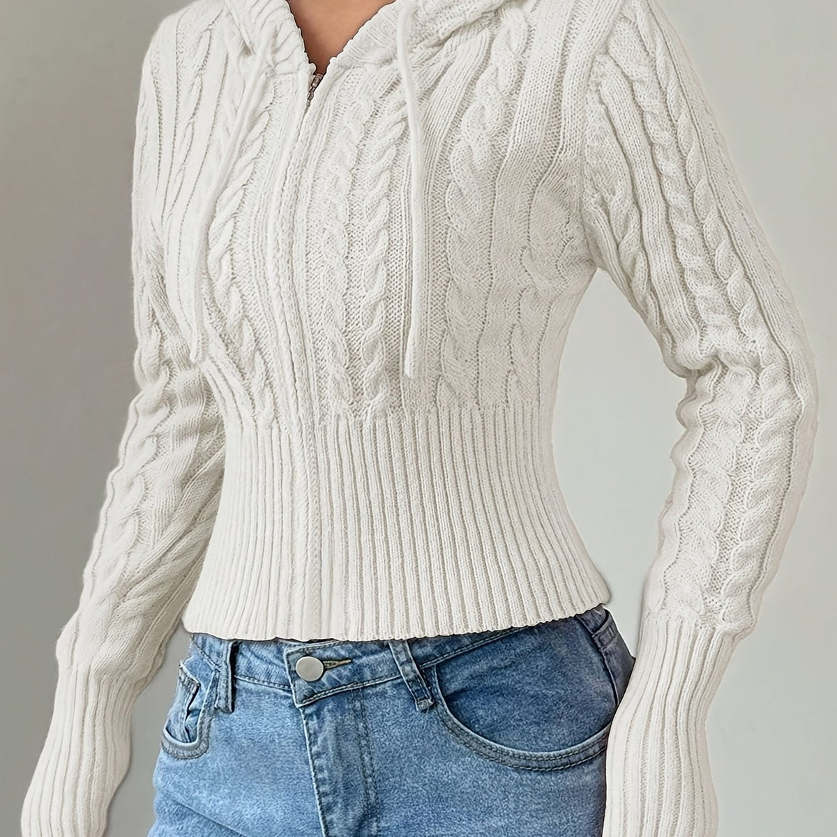 Damen Strick Hoodie mit Zopfmuster & Reißverschluss, bauchfrei