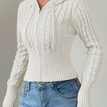 Damen Strick Hoodie mit Zopfmuster & Reißverschluss, bauchfrei