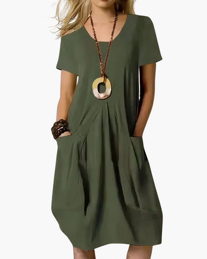 Damen Midi Kleid – Lockeres Sommerkleid mit Taschen, Alltag & Freizeit, A-Linien Stil