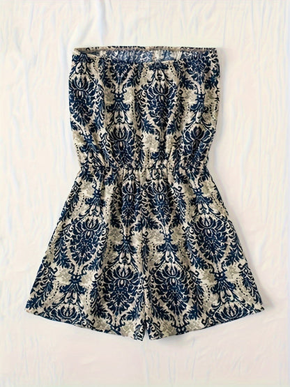 Damen Jumpsuit Bandeau Kurz Einteiler mit Damastmuster – Eleganter Sommer Overall für Urlaub & Freizeit