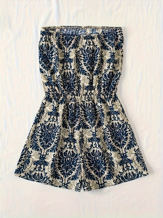 Damen Jumpsuit Bandeau Kurz Einteiler mit Damastmuster – Eleganter Sommer Overall für Urlaub & Freizeit