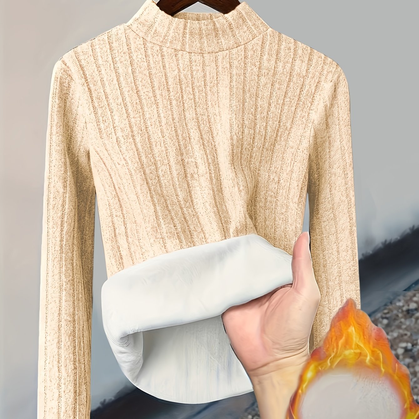Damen Pullover Rippstrick Stehkragen Warme Fleecefütterung Langarm