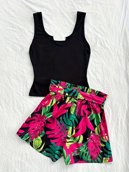 Damen Sommer-Set mit Top und tropischen Paperbag-Shorts – Modisches Urlaubsoutfit