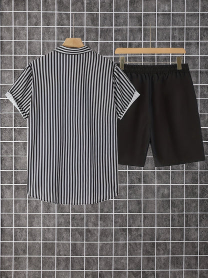 Herren Set mit Kurzarmhemd und Shorts, Modernes Streifen Design, Freizeit Outfit für Sommer und Urlaub