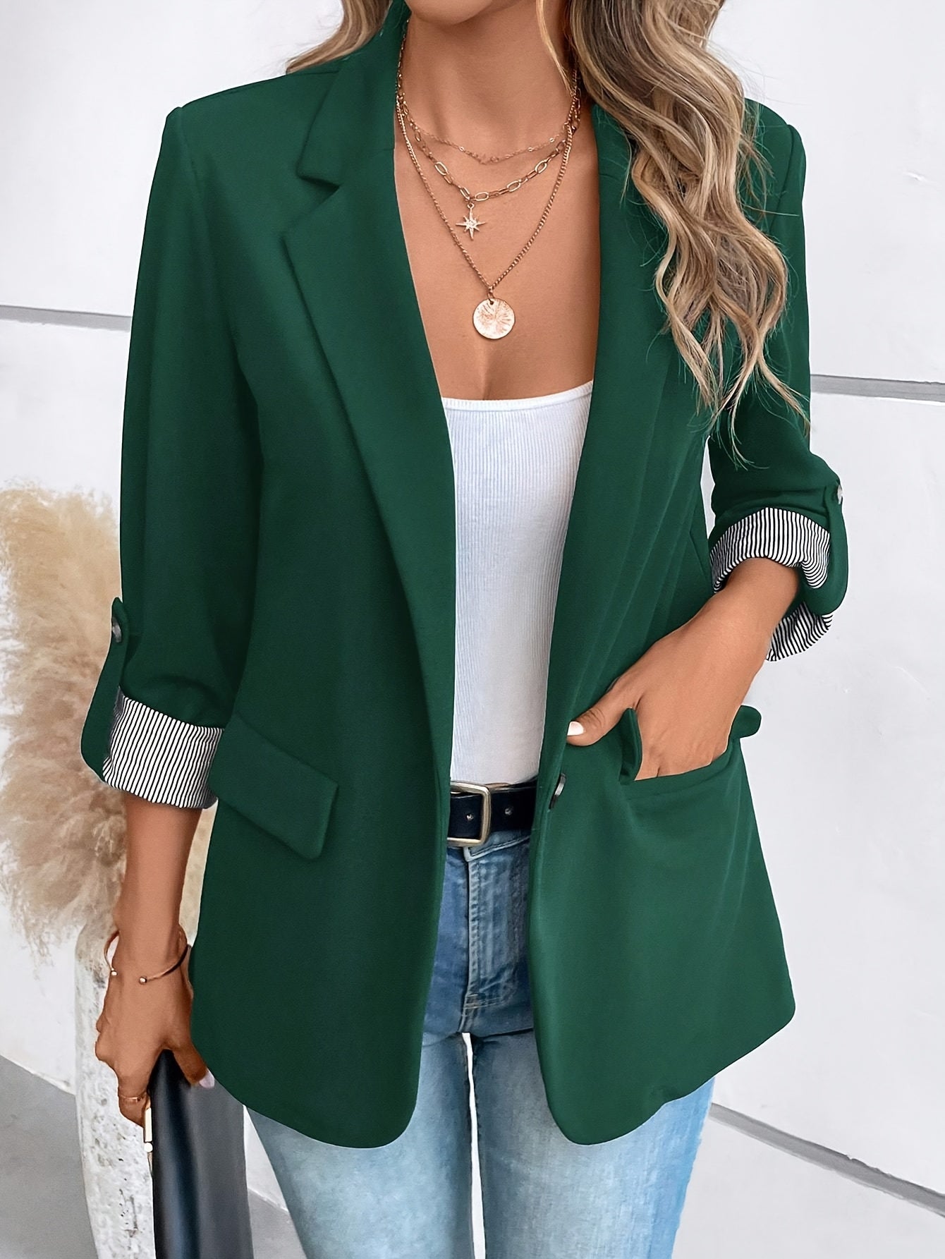 Damen Blazer Elegant Business Freizeit Sakko mit Krempelärmeln – Stilvoll für Büro und Alltag