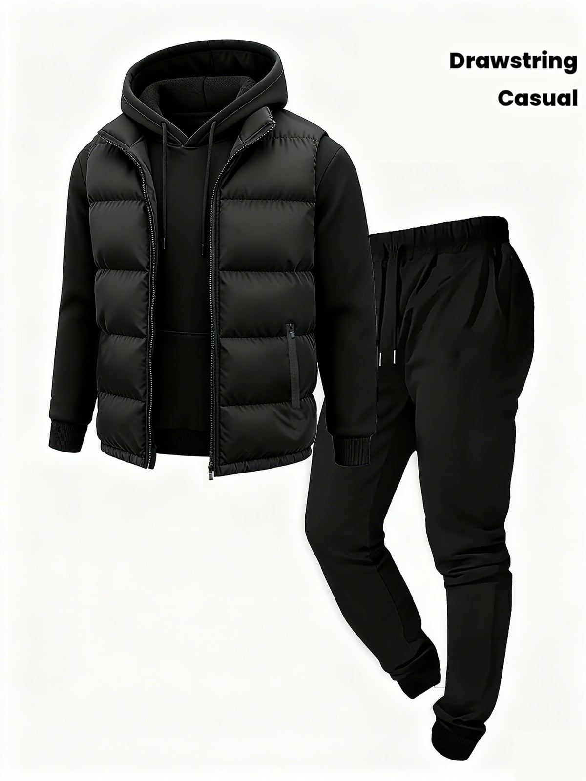 Herren Jogginganzug Set Schwarz mit Steppweste, Kapuzenpullover & Jogginghose