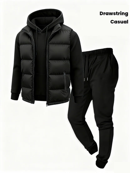 Herren Jogginganzug Set Schwarz mit Steppweste, Kapuzenpullover & Jogginghose