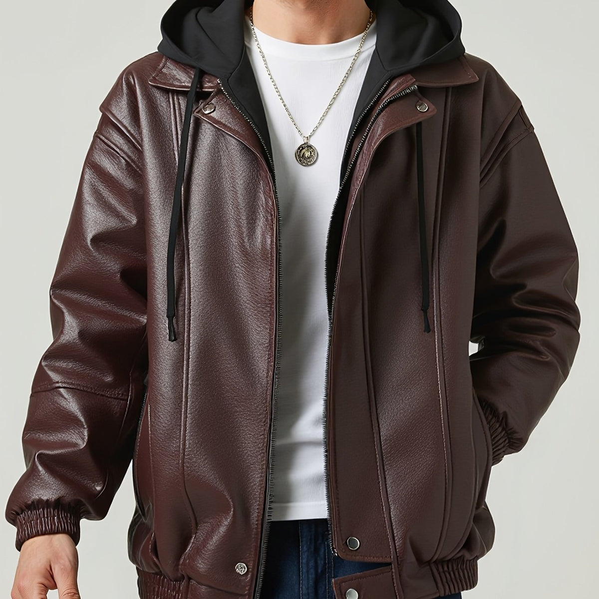 Herren Bomberjacke mit Kapuze, Glatte Oberfläche, Braun/Schwarz