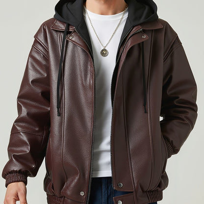 Herren Bomberjacke mit Kapuze, Glatte Oberfläche, Braun/Schwarz