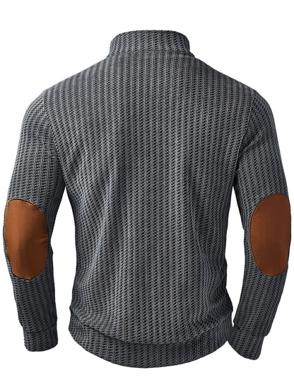 Herren Strickpullover Stehkragen Halbknopfleiste Ellbogen-Patches