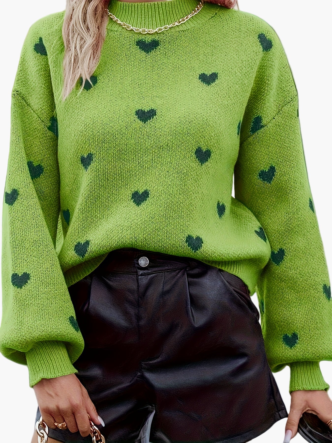 Damen Pullover mit Herzmuster und Ballonärmeln – Lässiger Strick für Alltag und Freizeit