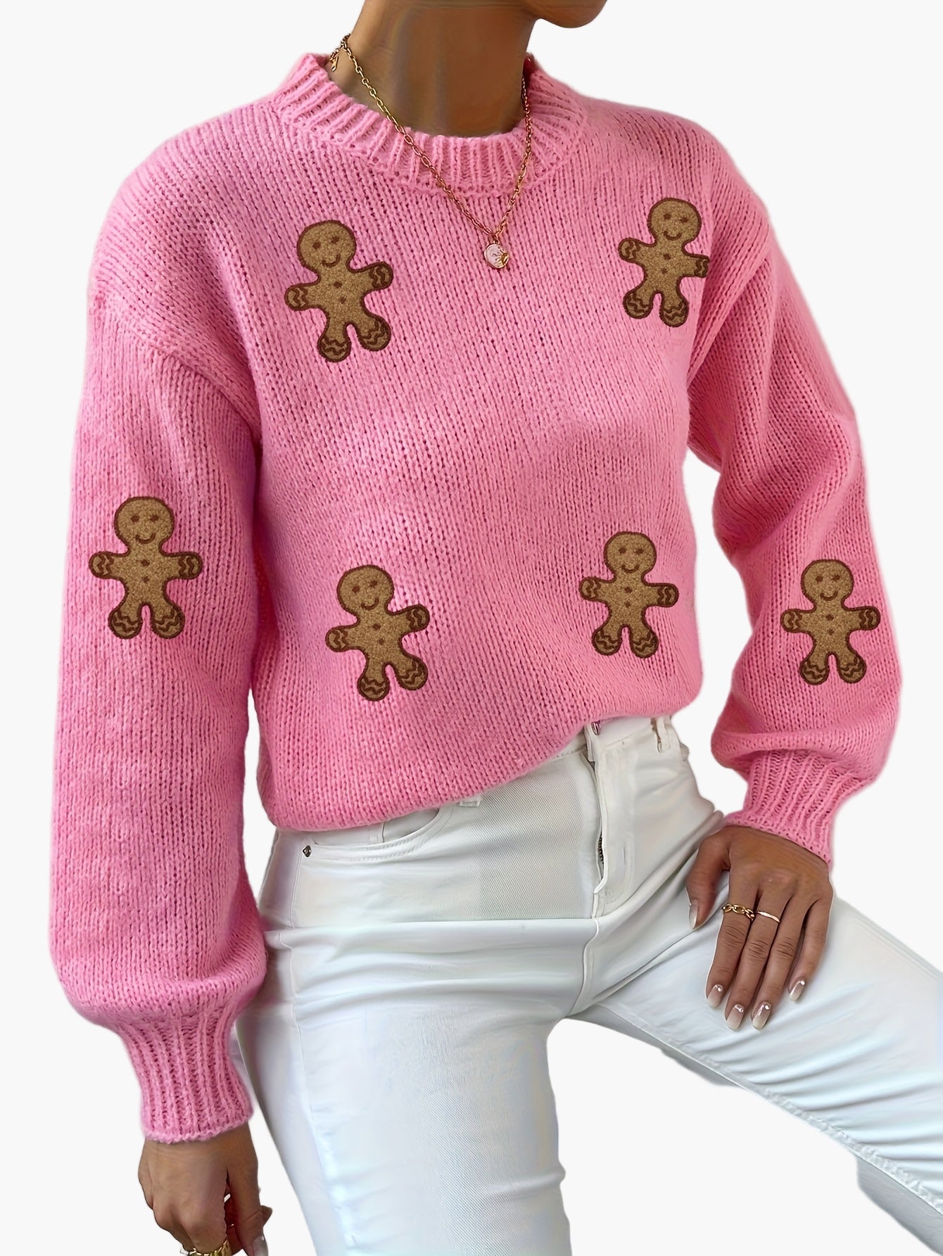 Damen Pullover im verspielten Stil mit Lebkuchenmännchen – Modischer Strick für Herbst und Winter