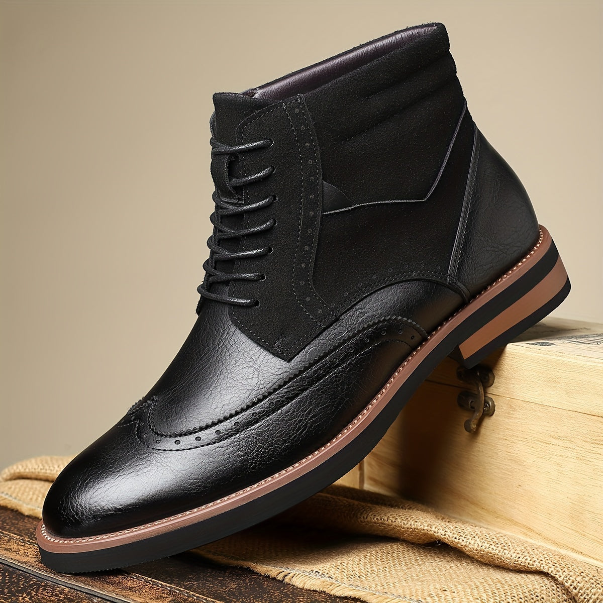 Herren Brogue Stiefel mit Schnürung, Ankle-High, Zweifarbiger Look