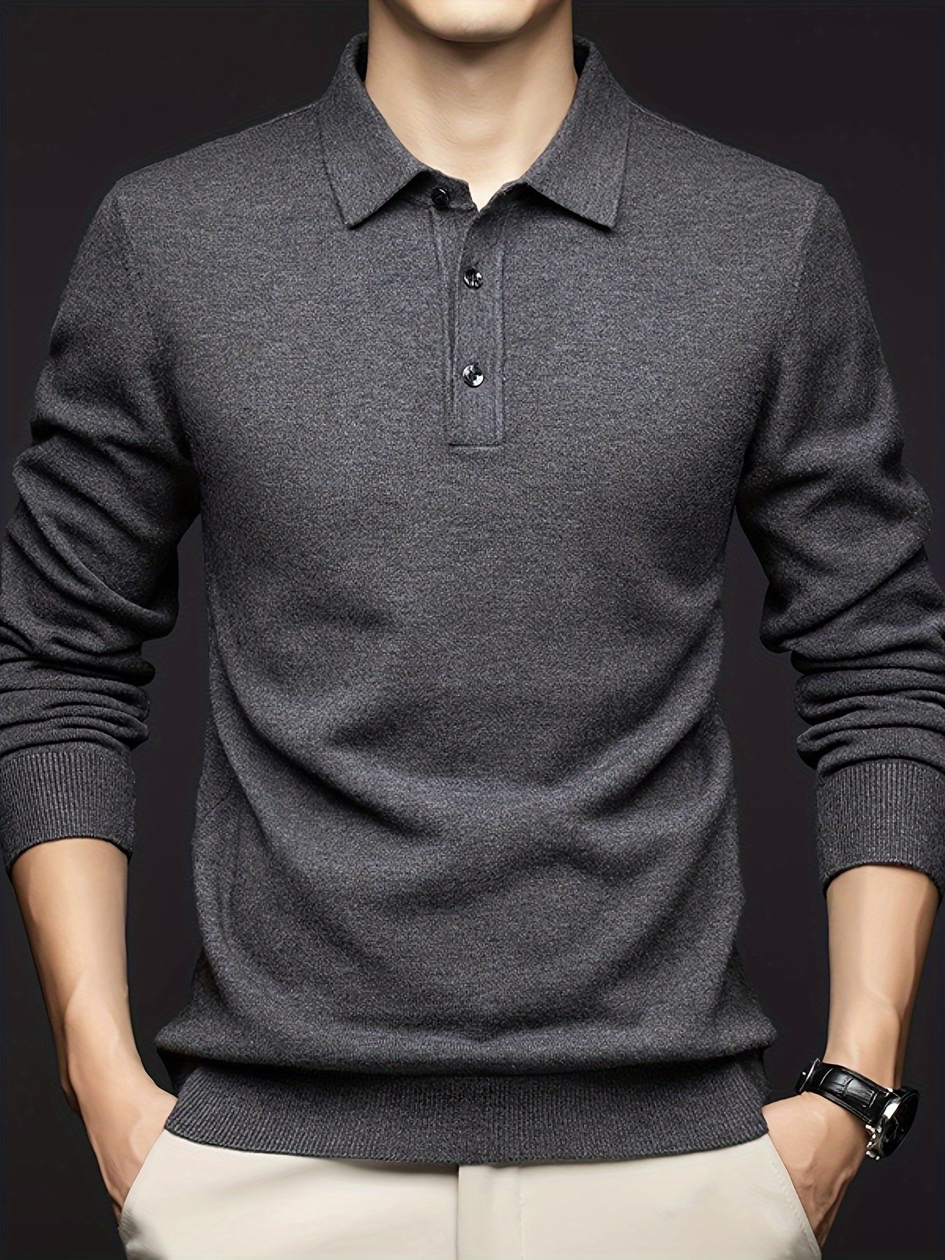 Herren Langarm Poloshirt Strickpullover mit Kragen und Knopfleiste
