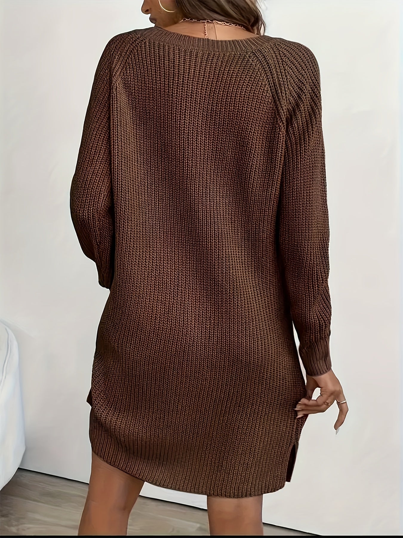 Damen Strickkleid V-Ausschnitt Langarm Strickpulloverkleid mit Knopfleiste
