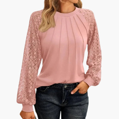 Damen Bluse mit Spitzenärmeln und Falten-Design – Elegante Freizeit- und Büro-Mode