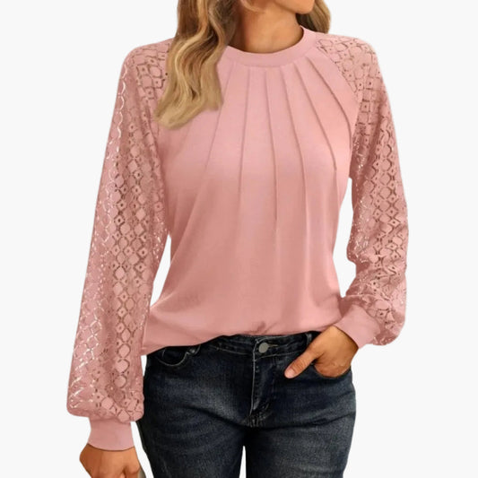 Damen Bluse mit Spitzenärmeln und Falten-Design – Elegante Freizeit- und Büro-Mode