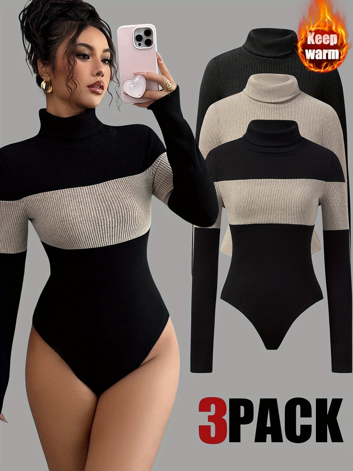 Damen Rollkragen-Body Langarm Gerippt Schwarz Beige gestreift
