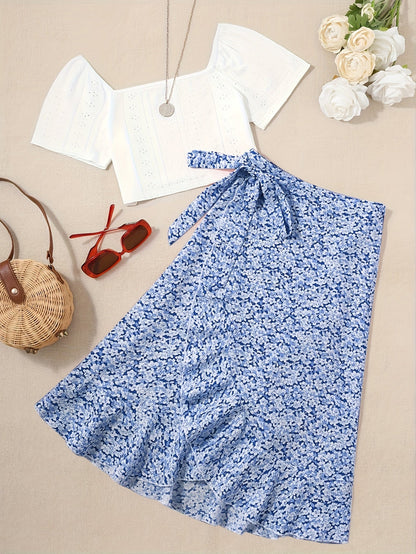 Damen Zweiteiler Set – Romantisches Sommer-Outfit mit Bluse und Wickelrock, ideal für Freizeit und Urlaub