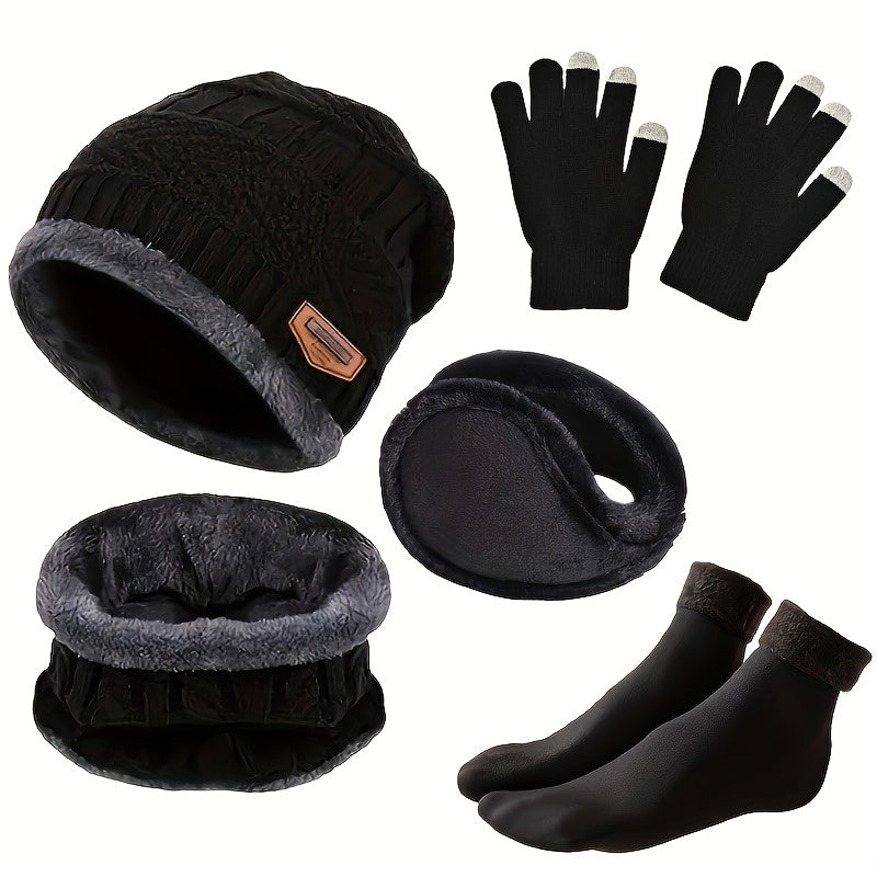 Winter Set Mütze Schal Handschuhe Ohrenschützer Socken Strick Fleece Warm Unisex