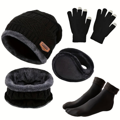 Winter Set Mütze Schal Handschuhe Ohrenschützer Socken Strick Fleece Warm Unisex