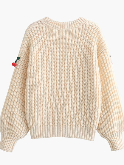 Damen Strickpullover mit Kirsch-Applikationen, lässiger Herbst/Winter Style