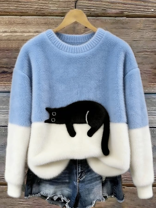Flauschiger Pullover mit Katze-Motiv, Rundhalsausschnitt, Farbblock