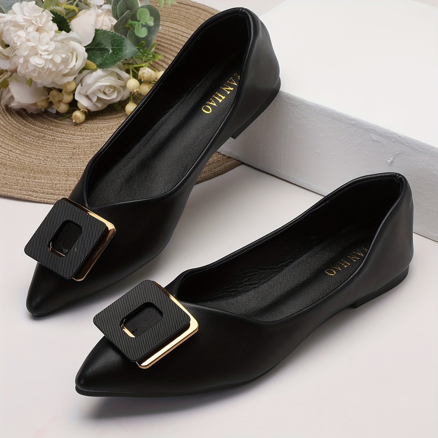 Damen Elegante Spitzenschuhe mit Statement-Schnalle – Klassische Ballerinas für Büro und Alltag