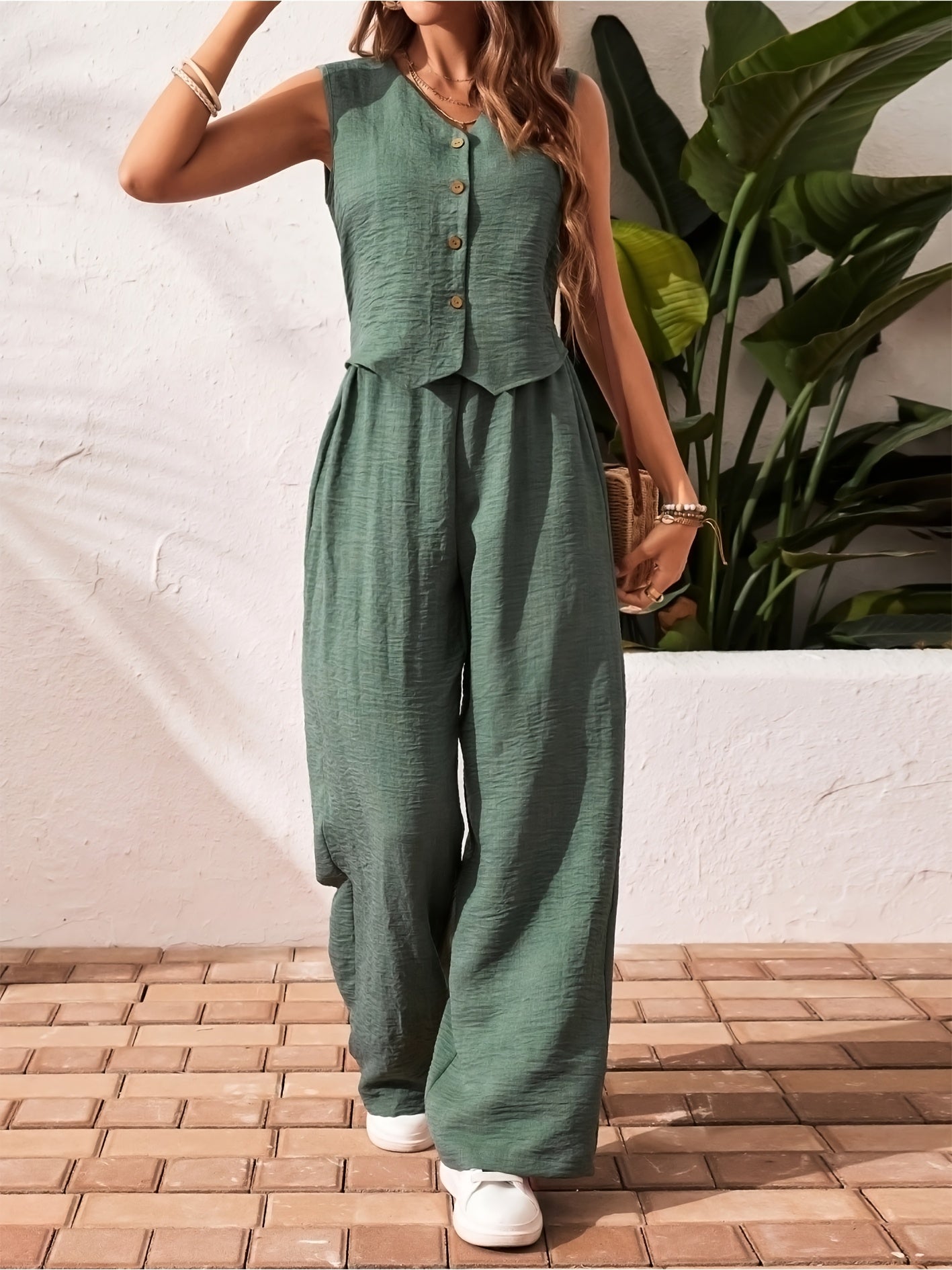 Damen Zweiteiler Jumpsuit mit Weste und Knopfleiste – Eleganter Sommeranzug für Alltag und Urlaub
