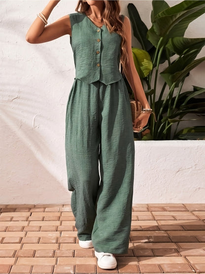 Damen Zweiteiler Jumpsuit mit Weste und Knopfleiste – Eleganter Sommeranzug für Alltag und Urlaub