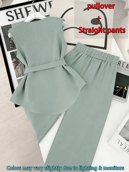 Damen Zweiteiler Set Elegant – Ärmelloses Oberteil mit Gürtel & Gerade Hose, Business & Alltag