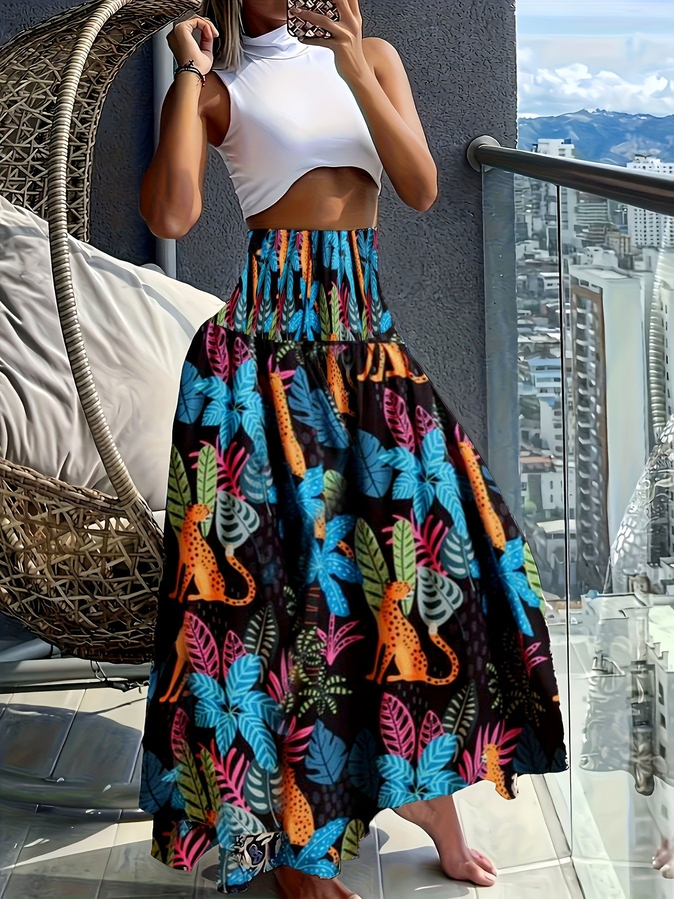 Damen Maxirock mit tropischem Print – Eleganter Boho-Stil für Sommer und Urlaub