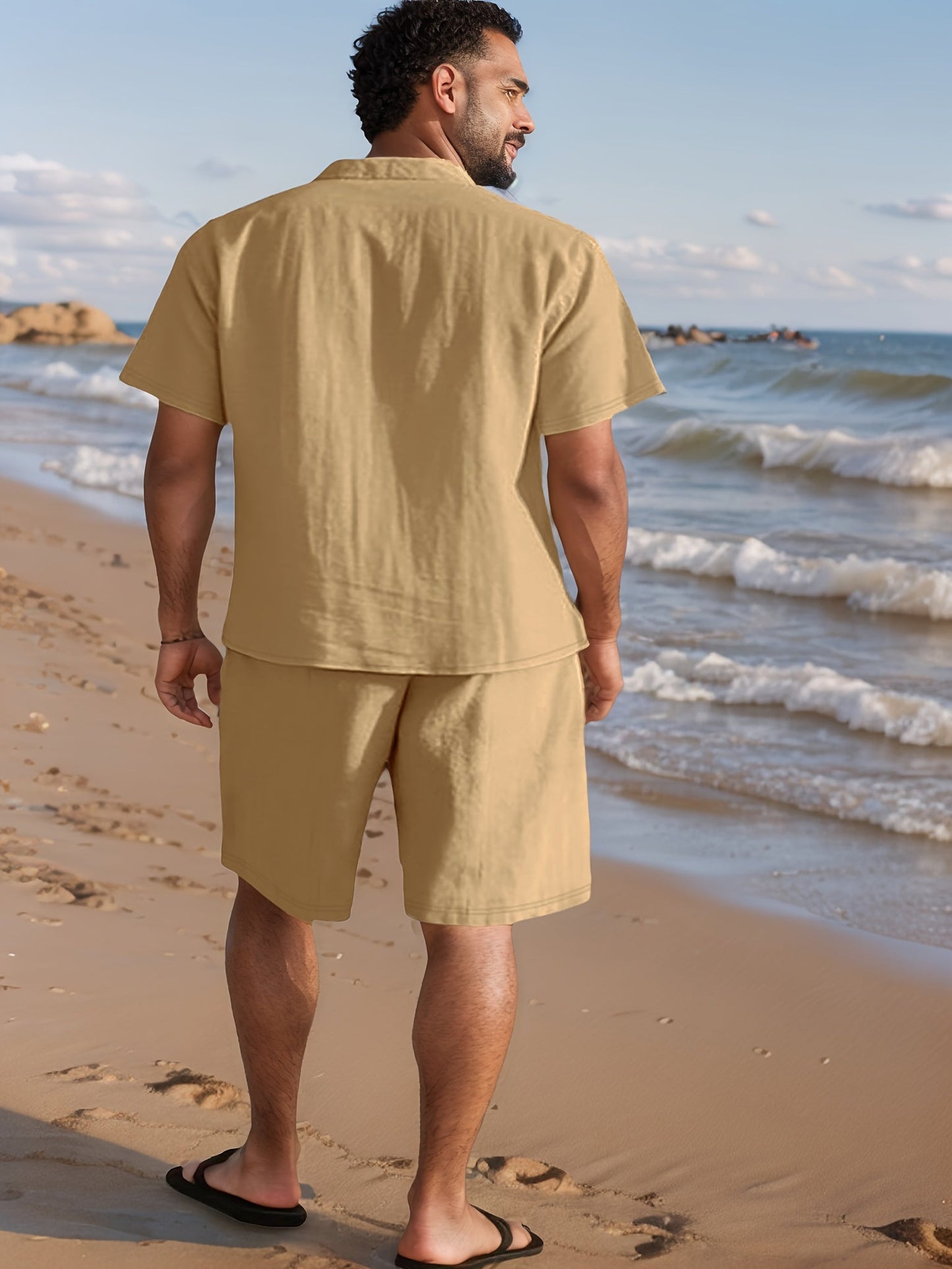Herren Leinen-Look Strand Outfit Set – Kurzarm Hemd & Shorts, Lässig Sommer Boho
