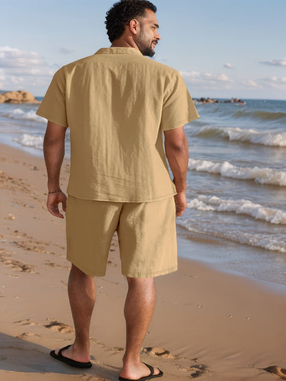 Herren Leinen-Look Strand Outfit Set – Kurzarm Hemd & Shorts, Lässig Sommer Boho