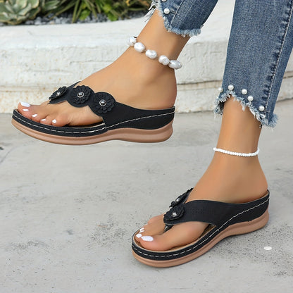 Damen Casual Zehentrenner Sandalen mit Blumenapplikation – Bequeme Sommerschuhe für Freizeit und Alltag