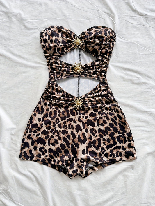 Damen Vintage Badeanzug mit Leopardenmuster und Cut-Outs – Retro Einteiler für Strand & Pool