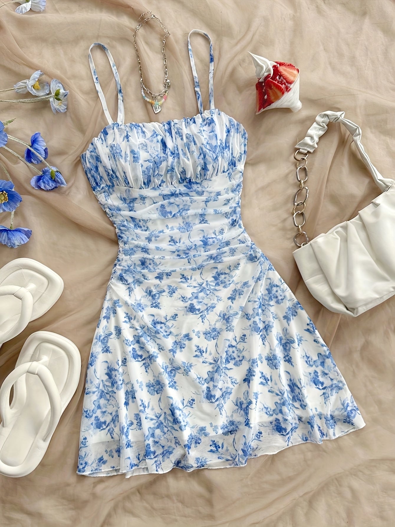 Damen Sommerkleid Elegant mit Trägern und Blumenmuster – Perfekt für Freizeit und Urlaub