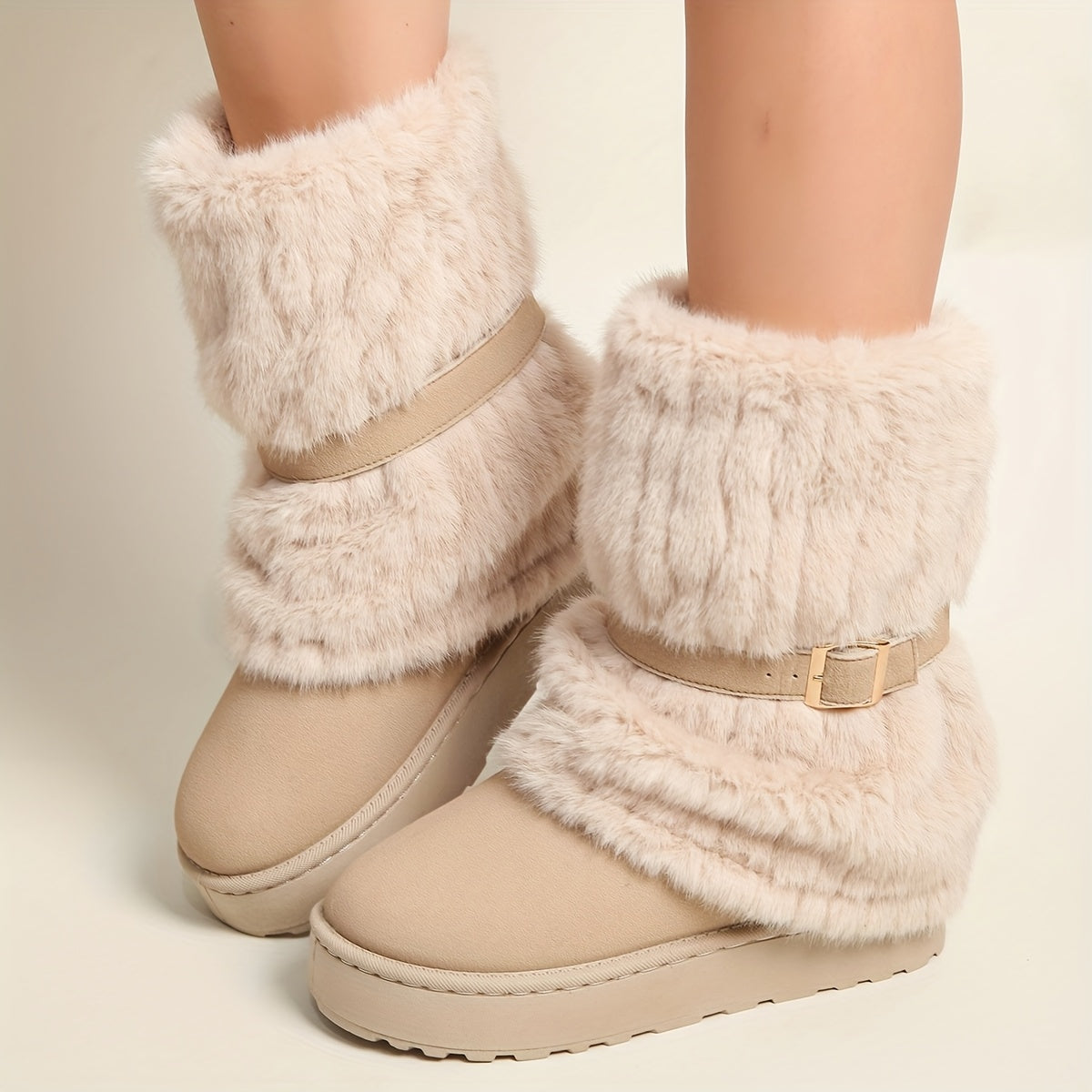 Damen Winterstiefeletten mit Kunstfell und Schnalle, Fesselhoch
