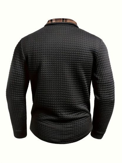 Herren Langarmshirt Waffelstruktur Karierter Kragen Grün