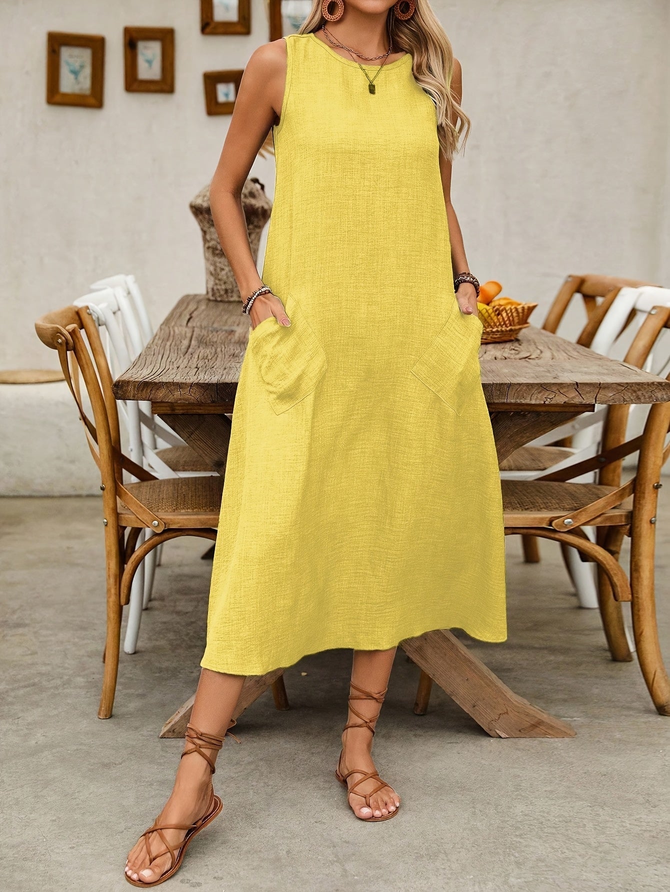 Damen Freizeit Midikleid ärmellos mit Taschen – Sommer Boho Look für Alltag und Urlaub