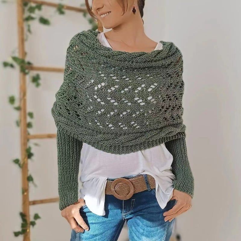 Gestrickter Bolero Damen Wickelpullover mit Ärmeln und Lochmuster