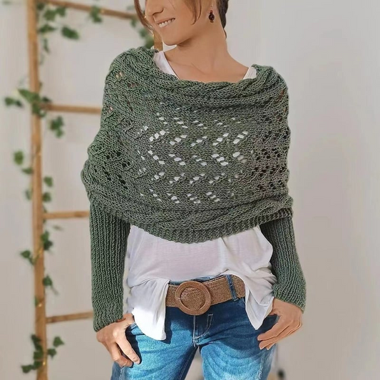Gestrickter Bolero Damen Wickelpullover mit Ärmeln und Lochmuster