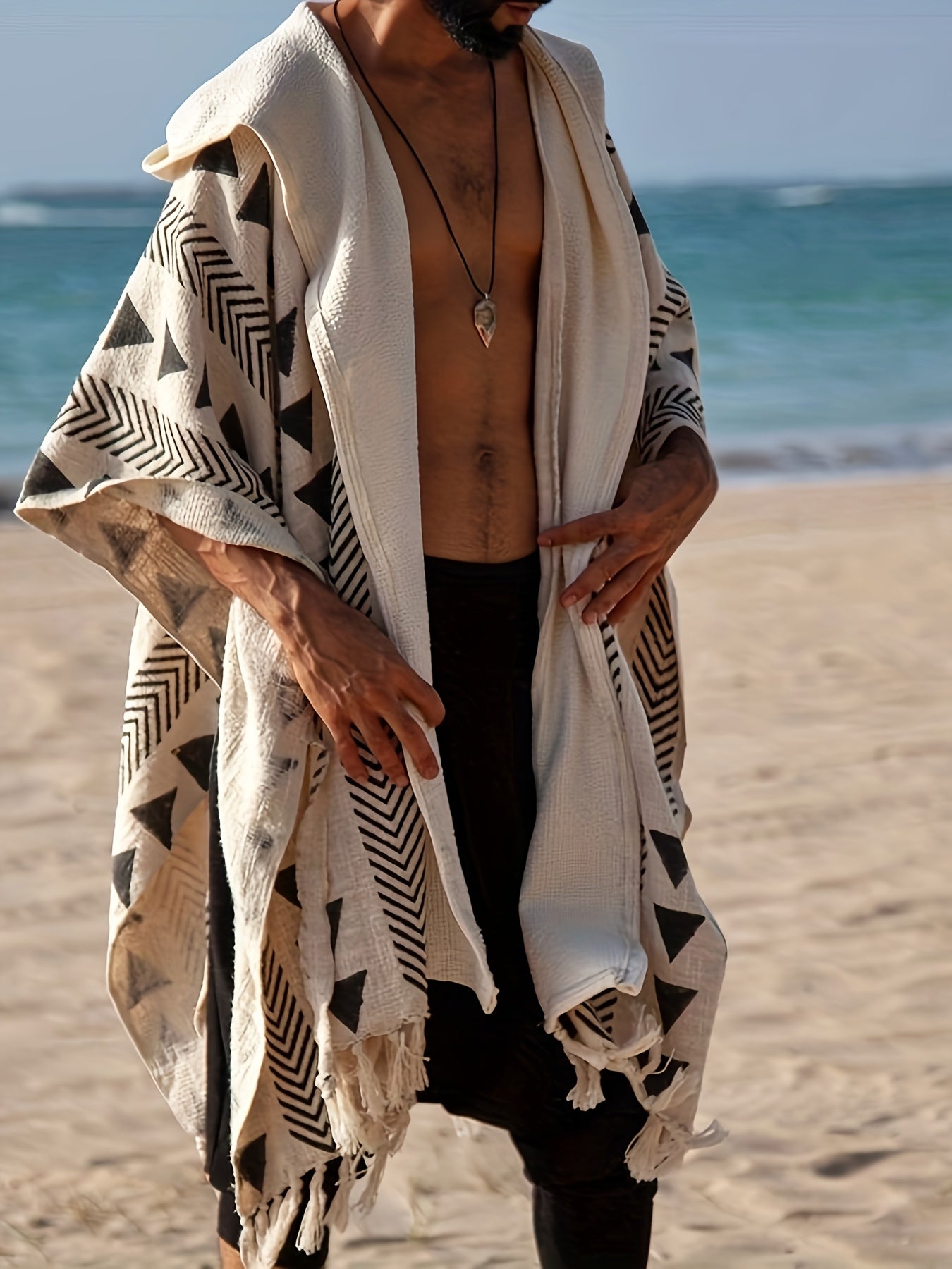 Herren Boho Poncho mit Kapuze – Geometrisches Muster, Überwurf für Strand und Festival
