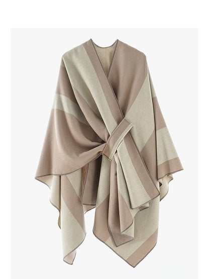 Damen Poncho Cape mit Streifenmuster & Knoten-Detail, weicher Stoff
