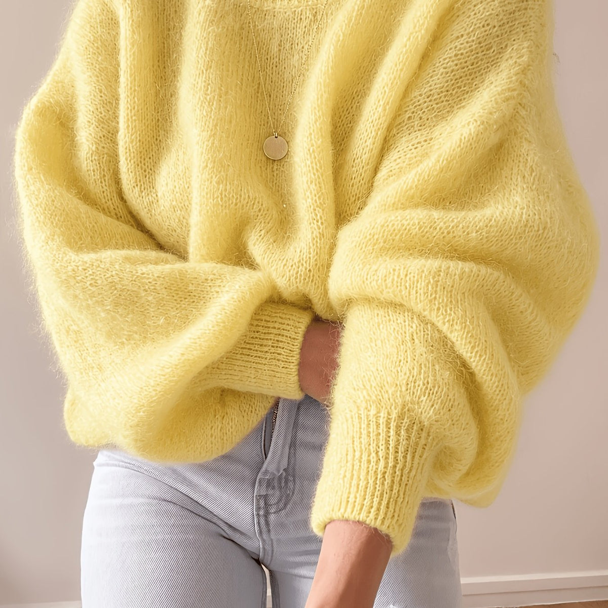 Damen Oversize Pullover Rundhals Weich Strick Langarm