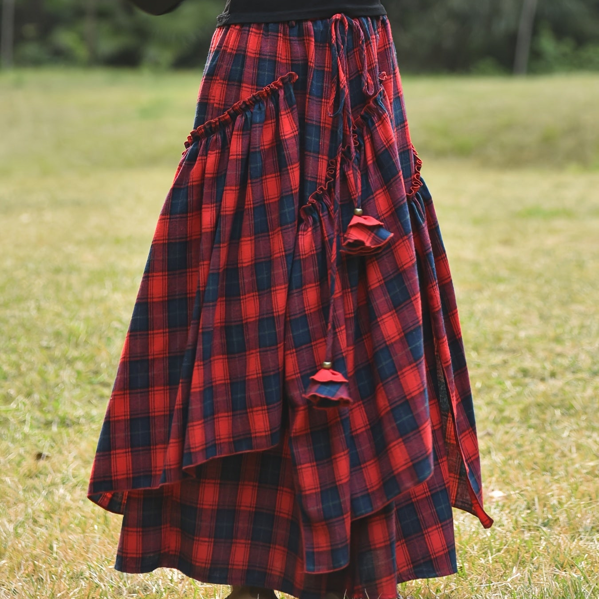 Damen Maxirock Plaid Asymmetrischer Stufenrock mit Kordelzug und Quasten